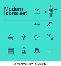 Set Of 12 Transportation Icons. Includes Road Map, Plane Schedule, Calculation And Other Symbols. Beautiful Design Elements.