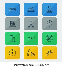 Set Of 12 Transportation Icons. Includes Moving Staircase, Security Scanner, Credit Card And Other Symbols. Beautiful Design Elements.