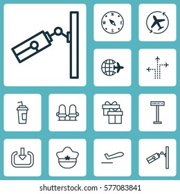Set Of 12 Transportation Icons. Includes Armchair, Airplane Information, Drink Cup And Other Symbols. Beautiful Design Elements.