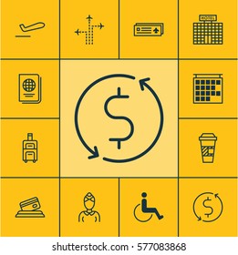 Set Of 12 Transportation Icons. Includes Departure Information, Luggage, Credit Card And Other Symbols. Beautiful Design Elements.
