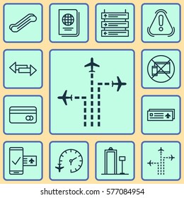 Set Of 12 Transportation Icons. Includes Plane Schedule, Plastic Card, Airport Card And Other Symbols. Beautiful Design Elements.