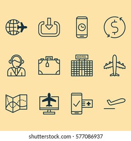 Set Of 12 Transportation Icons. Includes Worldwide Flight, Phone Reservation, Airliner And Other Symbols. Beautiful Design Elements.
