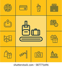 Set Of 12 Transportation Icons. Includes Road Map, Present, Shopping And Other Symbols. Beautiful Design Elements.