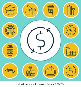 Set Of 12 Transportation Icons. Includes Exit, Shopping, Airport Building And Other Symbols. Beautiful Design Elements.