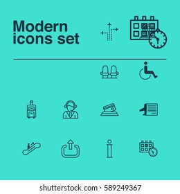 Set Of 12 Transportation Icons. Includes Accessibility, Operator, Moving Staircase And Other Symbols. Beautiful Design Elements.