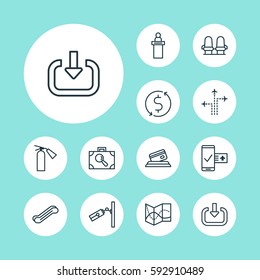 Set Of 12 Transportation Icons. Includes Baggage Research, Phone Reservation, Road Map And Other Symbols. Beautiful Design Elements.