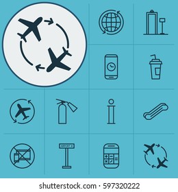 Set Of 12 Transportation Icons. Includes Forbidden Mobile, Fly Around, Drink Cup And Other Symbols. Beautiful Design Elements.