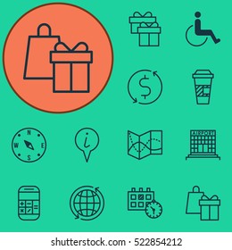 Set Of 12 Travel Icons. Can Be Used For Web, Mobile, UI And Infographic Design. Includes Elements Such As Pointer, Shopping, Paralyzed And More.