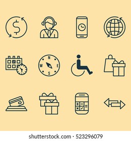 Set Of 12 Travel Icons. Can Be Used For Web, Mobile, UI And Infographic Design. Includes Elements Such As Appointment, Calculator, Holiday And More.