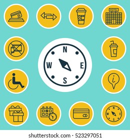 Set Of 12 Travel Icons. Can Be Used For Web, Mobile, UI And Infographic Design. Includes Elements Such As Takeaway, Map, No And More.