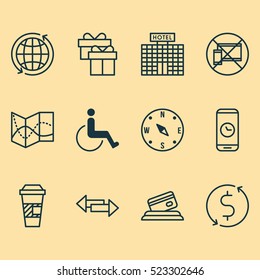 Set Of 12 Travel Icons. Can Be Used For Web, Mobile, UI And Infographic Design. Includes Elements Such As Direction, Accessibility, Device And More.