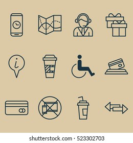 Set Of 12 Travel Icons. Can Be Used For Web, Mobile, UI And Infographic Design. Includes Elements Such As Accessibility, Mobile, Debit And More.