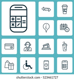 Set Of 12 Travel Icons. Can Be Used For Web, Mobile, UI And Infographic Design. Includes Elements Such As Calculator, Coffee, Phone And More.
