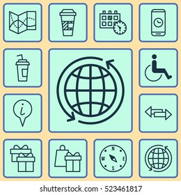 Set Of 12 Travel Icons. Can Be Used For Web, Mobile, UI And Infographic Design. Includes Elements Such As Pointer, Cup, Info And More.