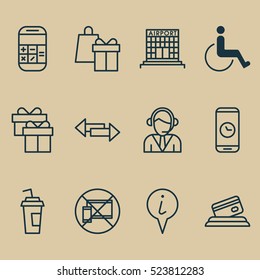 Set Of 12 Travel Icons. Can Be Used For Web, Mobile, UI And Infographic Design. Includes Elements Such As Math, Box, Device And More.