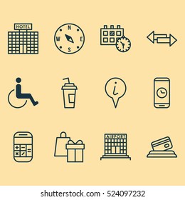 Set Of 12 Travel Icons. Can Be Used For Web, Mobile, UI And Infographic Design. Includes Elements Such As Accessibility, Paper, Direction And More.