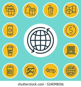 Set Of 12 Travel Icons. Can Be Used For Web, Mobile, UI And Infographic Design. Includes Elements Such As World, Coffee, Direction And More.
