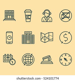 Set Of 12 Travel Icons. Can Be Used For Web, Mobile, UI And Infographic Design. Includes Elements Such As Construction, Operator, Dollar And More.