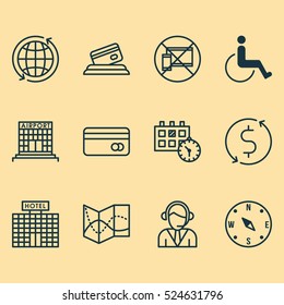 Set Of 12 Travel Icons. Can Be Used For Web, Mobile, UI And Infographic Design. Includes Elements Such As Office, Calendar, Locate And More.