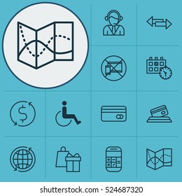 Set Of 12 Travel Icons. Can Be Used For Web, Mobile, UI And Infographic Design. Includes Elements Such As World, Operator, No And More.