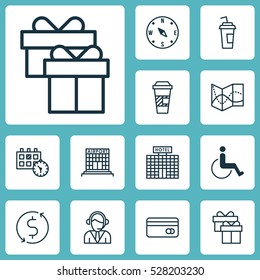 Set Of 12 Travel Icons. Can Be Used For Web, Mobile, UI And Infographic Design. Includes Elements Such As Locate, Resort Development, Takeaway Coffee And More.
