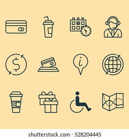 Set Of 12 Travel Icons. Can Be Used For Web, Mobile, UI And Infographic Design. Includes Elements Such As Operator, Accessibility, World And More.