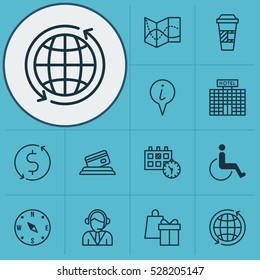 Set Of 12 Travel Icons. Can Be Used For Web, Mobile, UI And Infographic Design. Includes Elements Such As Accessibility, World, Appointment And More.