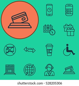 Set Of 12 Travel Icons. Can Be Used For Web, Mobile, UI And Infographic Design. Includes Elements Such As World, Call Duration, Forbidden Mobile And More.