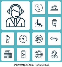 Set Of 12 Travel Icons. Can Be Used For Web, Mobile, UI And Infographic Design. Includes Elements Such As Money Trasnfer, Operator, Accessibility And More.