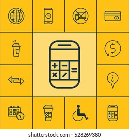Set Of 12 Travel Icons. Can Be Used For Web, Mobile, UI And Infographic Design. Includes Elements Such As Crossroad, World, Calculation And More.