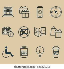 Set Of 12 Travel Icons. Can Be Used For Web, Mobile, UI And Infographic Design. Includes Elements Such As Locate, Airfield Manufacture, Shopping And More.