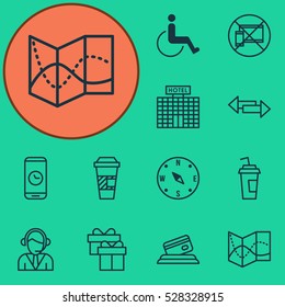 Set Of 12 Travel Icons. Can Be Used For Web, Mobile, UI And Infographic Design. Includes Elements Such As Accessibility, Present, Takeaway Coffee And More.