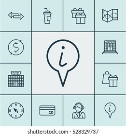 Set Of 12 Travel Icons. Can Be Used For Web, Mobile, UI And Infographic Design. Includes Elements Such As Shopping, Crossroad, Plastic Card And More.
