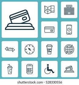 Set Of 12 Travel Icons. Can Be Used For Web, Mobile, UI And Infographic Design. Includes Elements Such As Plastic Card, Road Map, World And More.