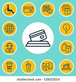 Set Of 12 Travel Icons. Can Be Used For Web, Mobile, UI And Infographic Design. Includes Elements Such As Road Map, Present, Accessibility And More.