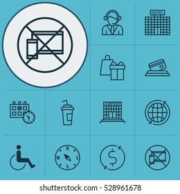Set Of 12 Travel Icons. Can Be Used For Web, Mobile, UI And Infographic Design. Includes Elements Such As Forbidden Mobile, Money Trasnfer, Credit Card And More.