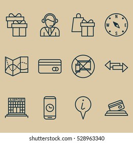 Set Of 12 Travel Icons. Can Be Used For Web, Mobile, UI And Infographic Design. Includes Elements Such As Airfield Manufacture, Call Duration, Locate And More.
