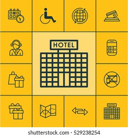 Set Of 12 Travel Icons. Can Be Used For Web, Mobile, UI And Infographic Design. Includes Elements Such As Present, Credit Card, Operator And More.