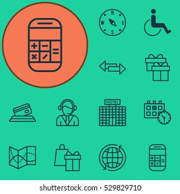 Set Of 12 Travel Icons. Can Be Used For Web, Mobile, UI And Infographic Design. Includes Elements Such As Locate, Crossroad, Resort Development And More.