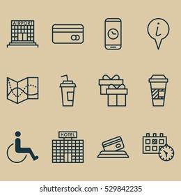 Set Of 12 Travel Icons. Can Be Used For Web, Mobile, UI And Infographic Design. Includes Elements Such As Road Map, Airfield Manufacture, Drink Cup And More.