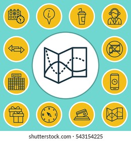 Set Of 12 Travel Icons. Includes Operator, Forbidden Mobile, Info Pointer And Other Symbols. Beautiful Design Elements.