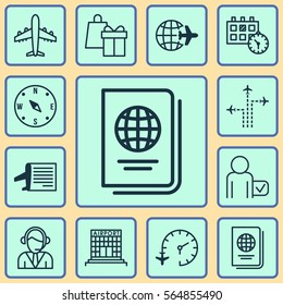 Set Of 12 Travel Icons. Includes Appointment, Worldwide Flight, Timetable And Other Symbols. Beautiful Design Elements.