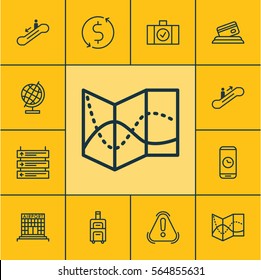 Set Of 12 Travel Icons. Includes Airfield Manufacture, Luggage Scanner, Escalator Down And Other Symbols. Beautiful Design Elements.