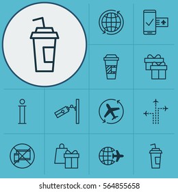 Set Of 12 Travel Icons. Includes Shopping, Forbidden Mobile, Present And Other Symbols. Beautiful Design Elements.