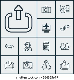 Set Of 12 Travel Icons. Includes Internet Ticket, Road Map, Stair Lift And Other Symbols. Beautiful Design Elements.