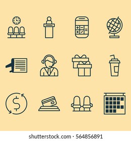 Set Of 12 Travel Icons. Includes Present, World Sphere, Credit Card And Other Symbols. Beautiful Design Elements.