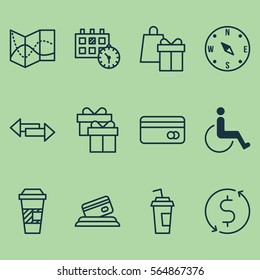 Set Of 12 Travel Icons. Includes Appointment, Crossroad, Plastic Card And Other Symbols. Beautiful Design Elements.