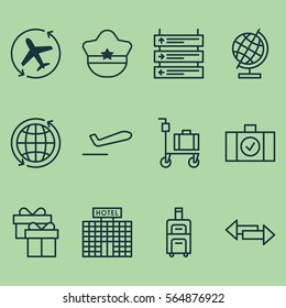 Set Of 12 Travel Icons. Includes Suitcase Pushcart, Present, Aircraft Arrow And Other Symbols. Beautiful Design Elements.