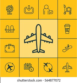 Set Of 12 Travel Icons. Includes Aircraft Arrow, Escalator Down, Armchair And Other Symbols. Beautiful Design Elements.