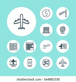 Set Of 12 Travel Icons. Includes World Sphere, Forbidden Mobile, Call Duration And Other Symbols. Beautiful Design Elements.